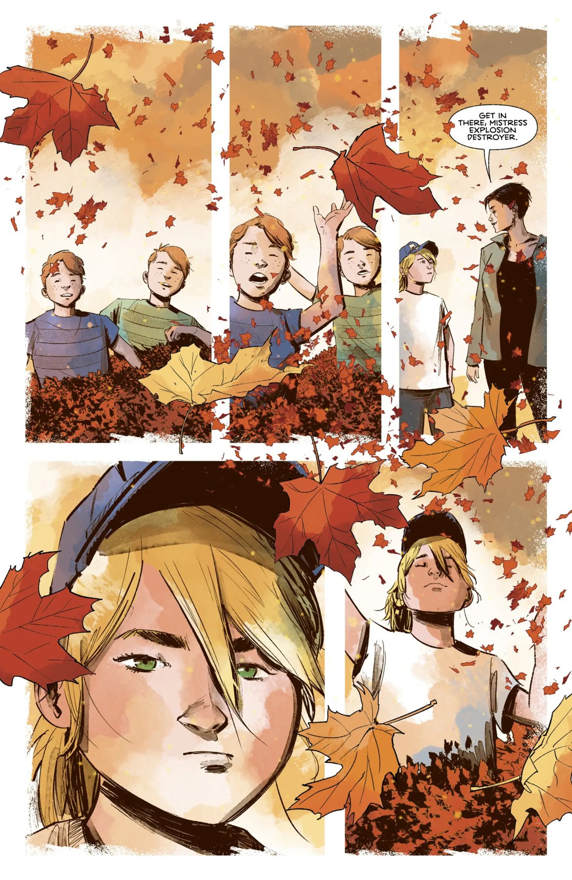 Children play in a pile of leaves while Kat watches; leaves scatter across the white spaces between panels.