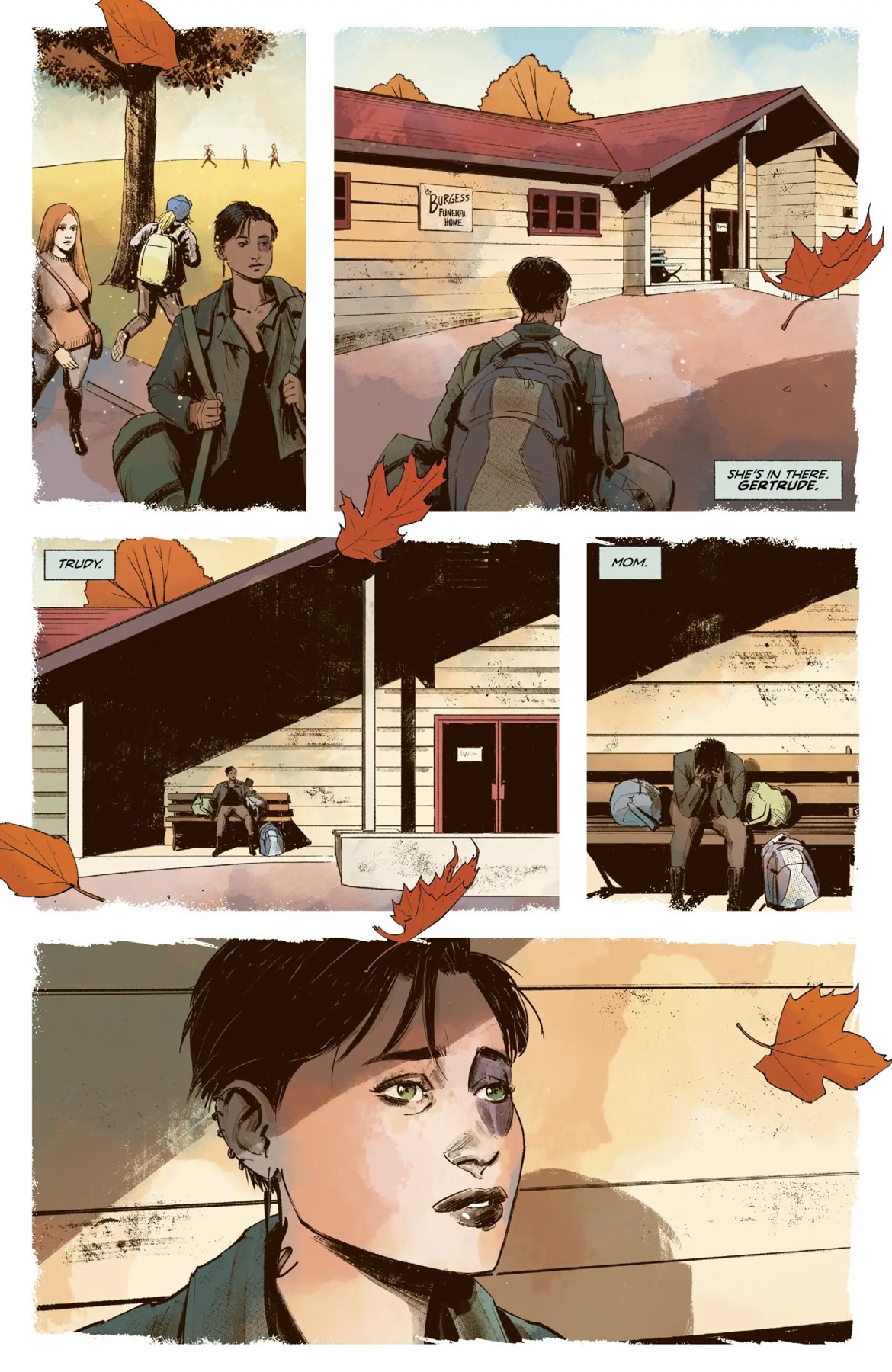 Kat passes children in Comfort Notch as orange leaves move through the page.