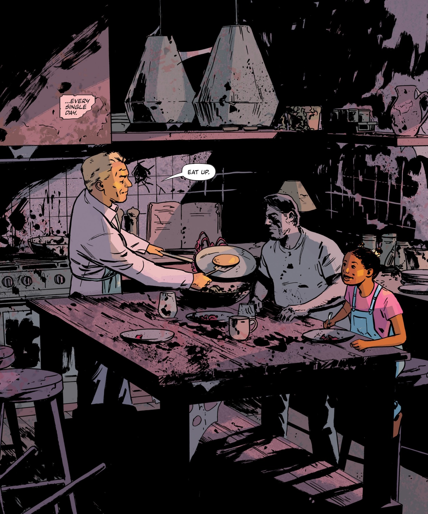 Jack, Luke and Daisy sit around a breakfast table, their familiar domestic scene surrounded by stains and heavy black shadow.
