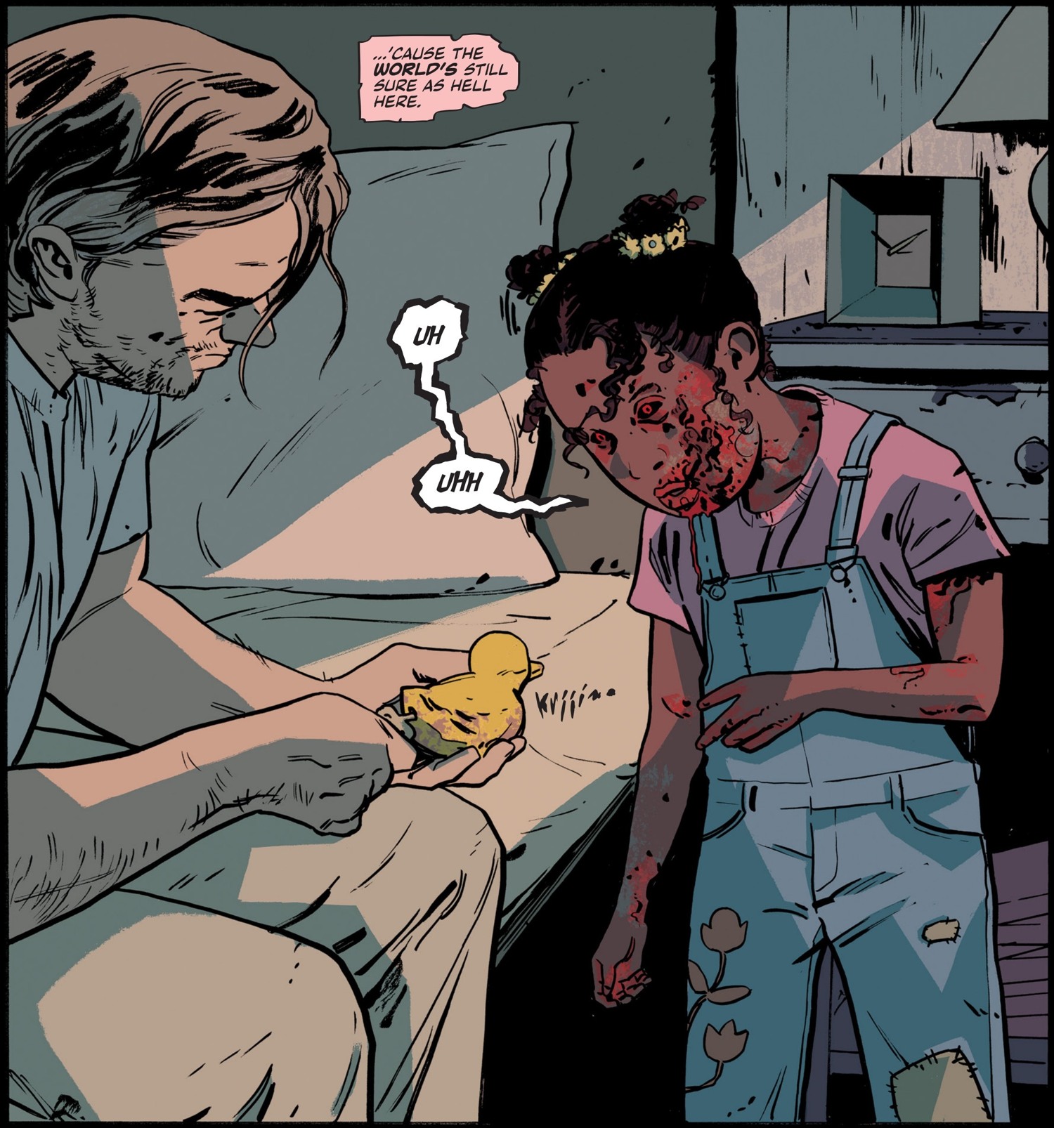 Jack holds a yellow toy duck while gently touching his undead daughter Daisy’s face.