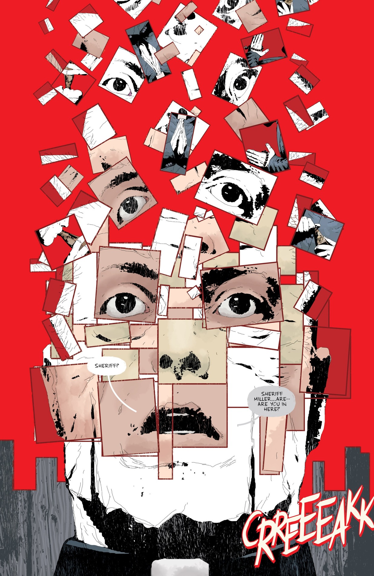 Father Fred’s frightened face breaks into rectangular fragments against bright red, with pieces rising above his head.