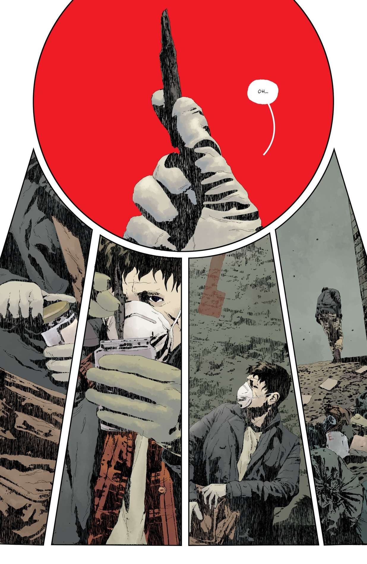 Norton holds a splinter inside a large red circle, while narrow panels track his examination of the rubbish.