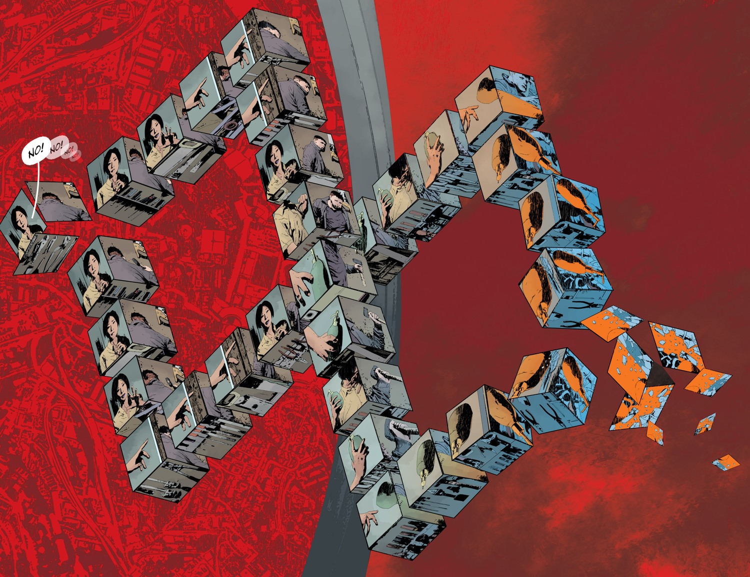 A spread from Gideon Falls arranges many small panels along an elaborate looping structure against a red ground.