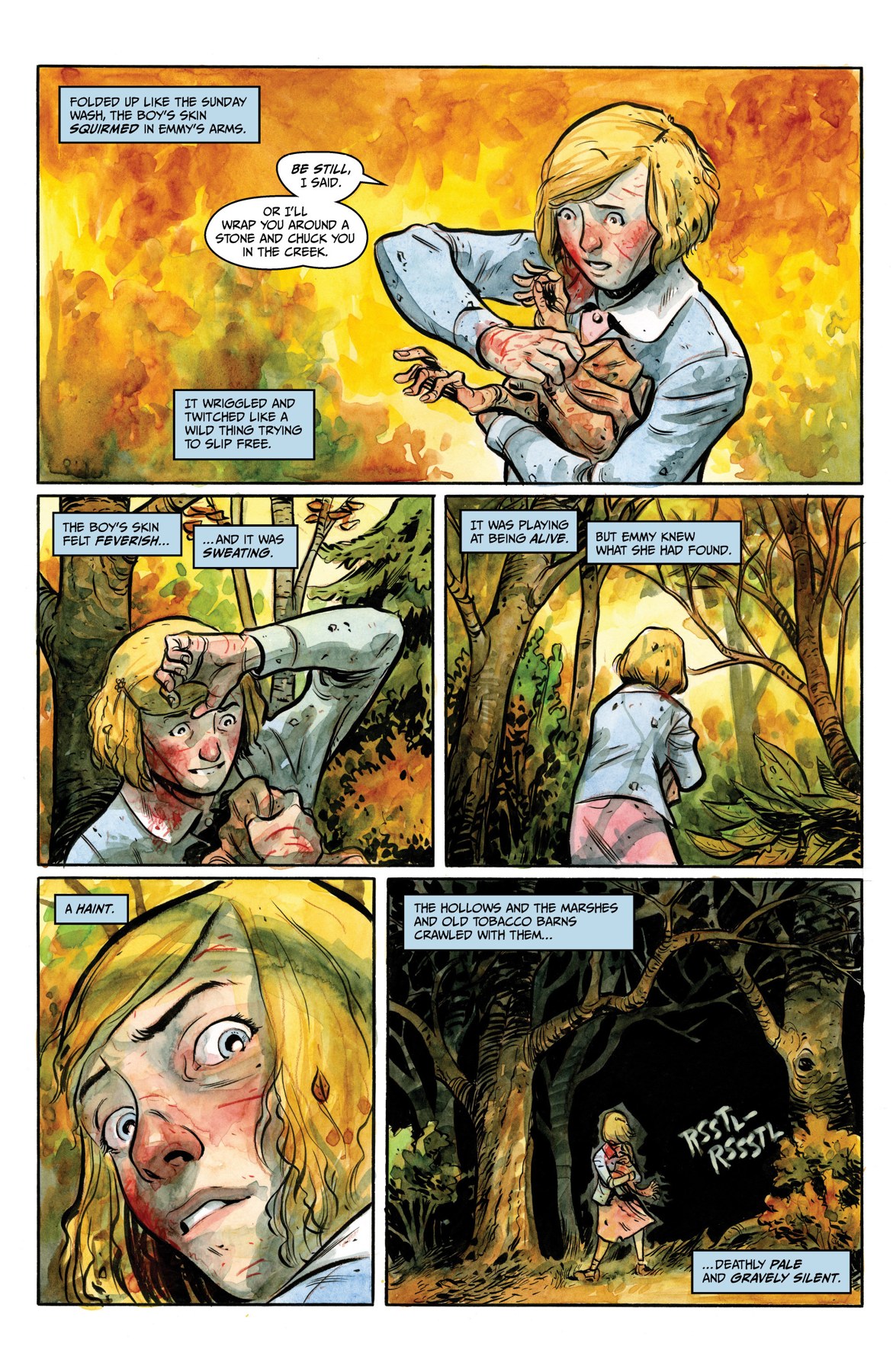 Emmy carries the empty skin of a boy through a golden forest.
