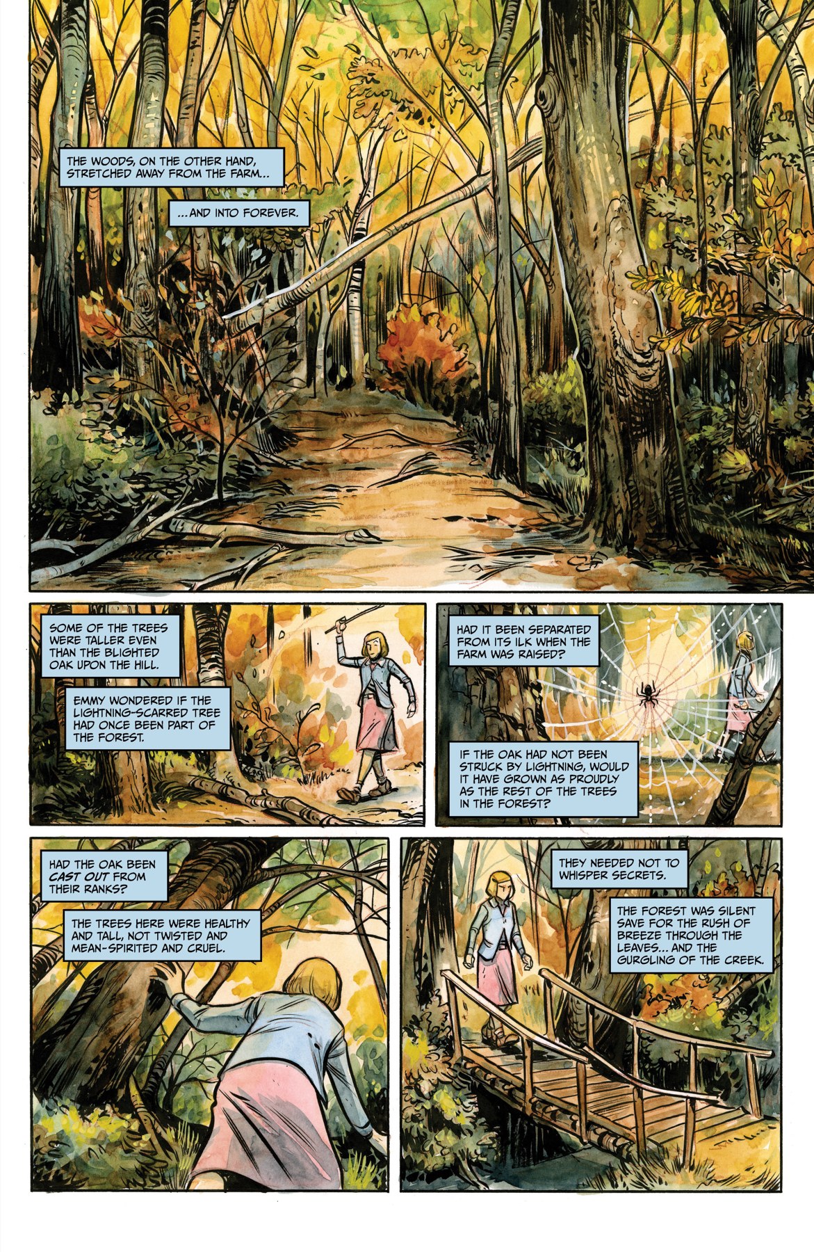 Golden light falls through a wooded path as Emmy walks beneath the trees.