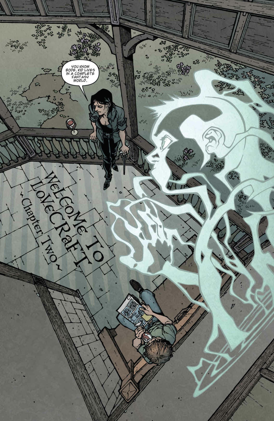 Bode’s pale, curling ghost floats above a staircase while Nina and Kinsey remain below.