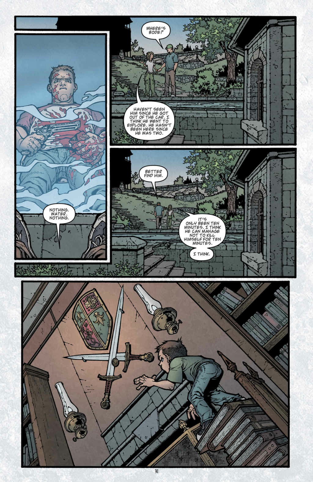 Tyler’s bloodied reflection appears beside a conversation with Kinsey in the present.