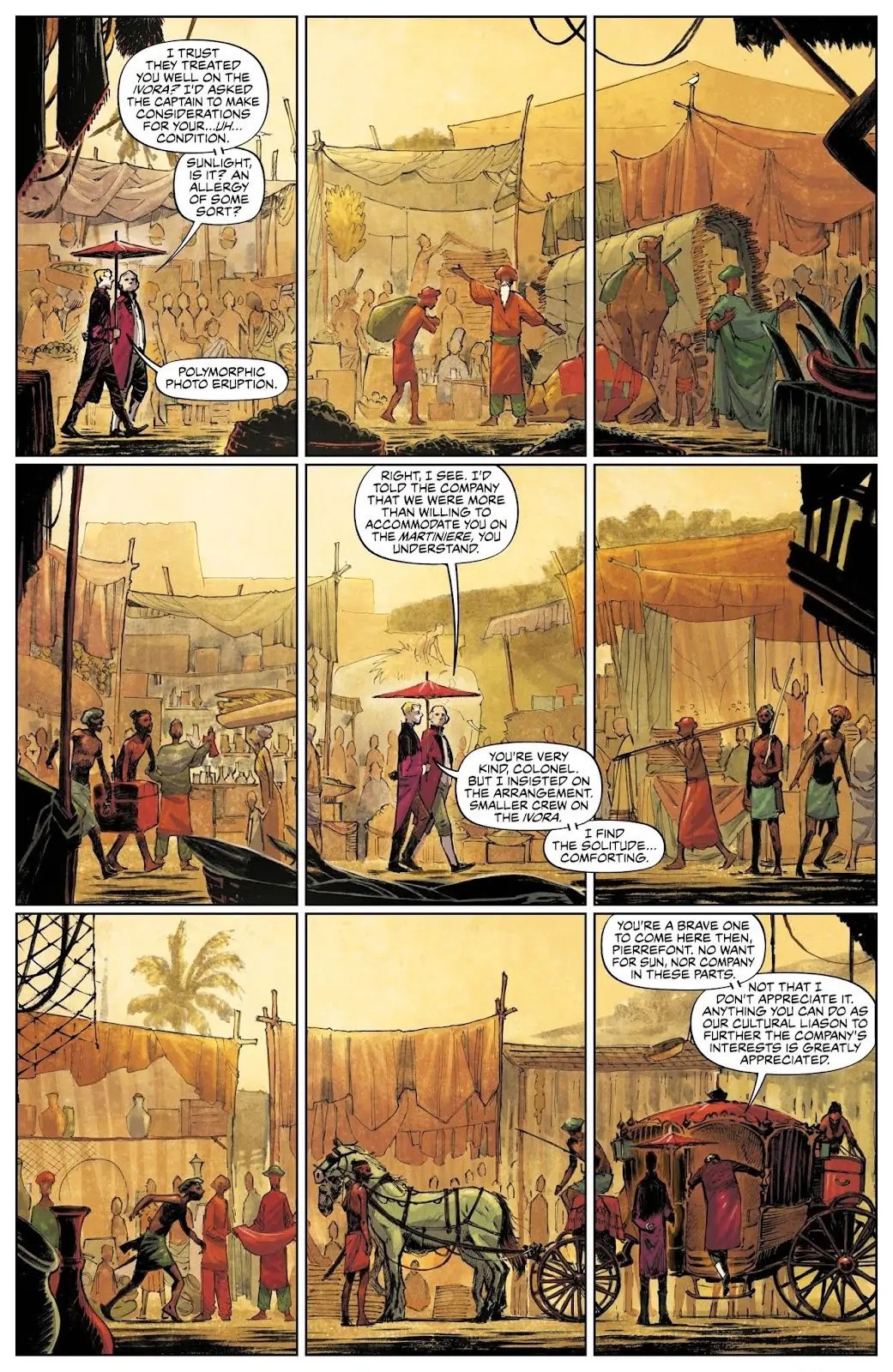 Crowded streets, an ornate carriage, and palace architecture fill a page from These Savage Shores.