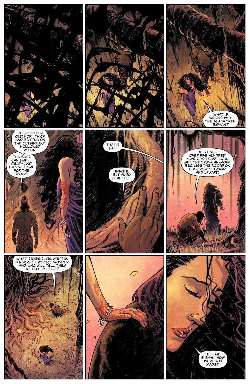 Bishan and Kori sit close together among the roots of an enormous tree in warm rose-colored light.