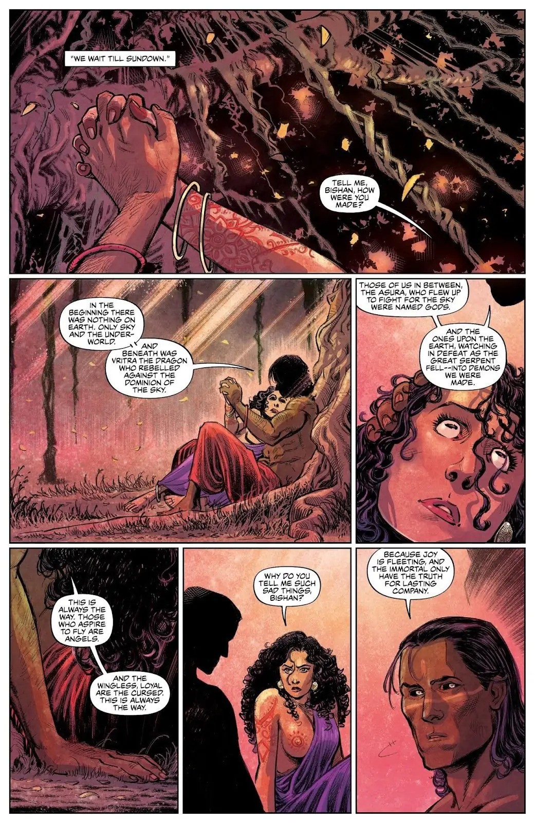 Bishan and Kori talk and embrace beneath tangled roots, their faces held close across several panels.