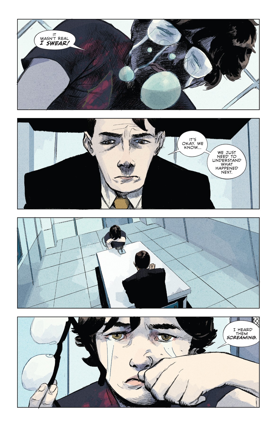 James sits across a table from a detective; a distant overhead view makes the interview room feel empty around him.