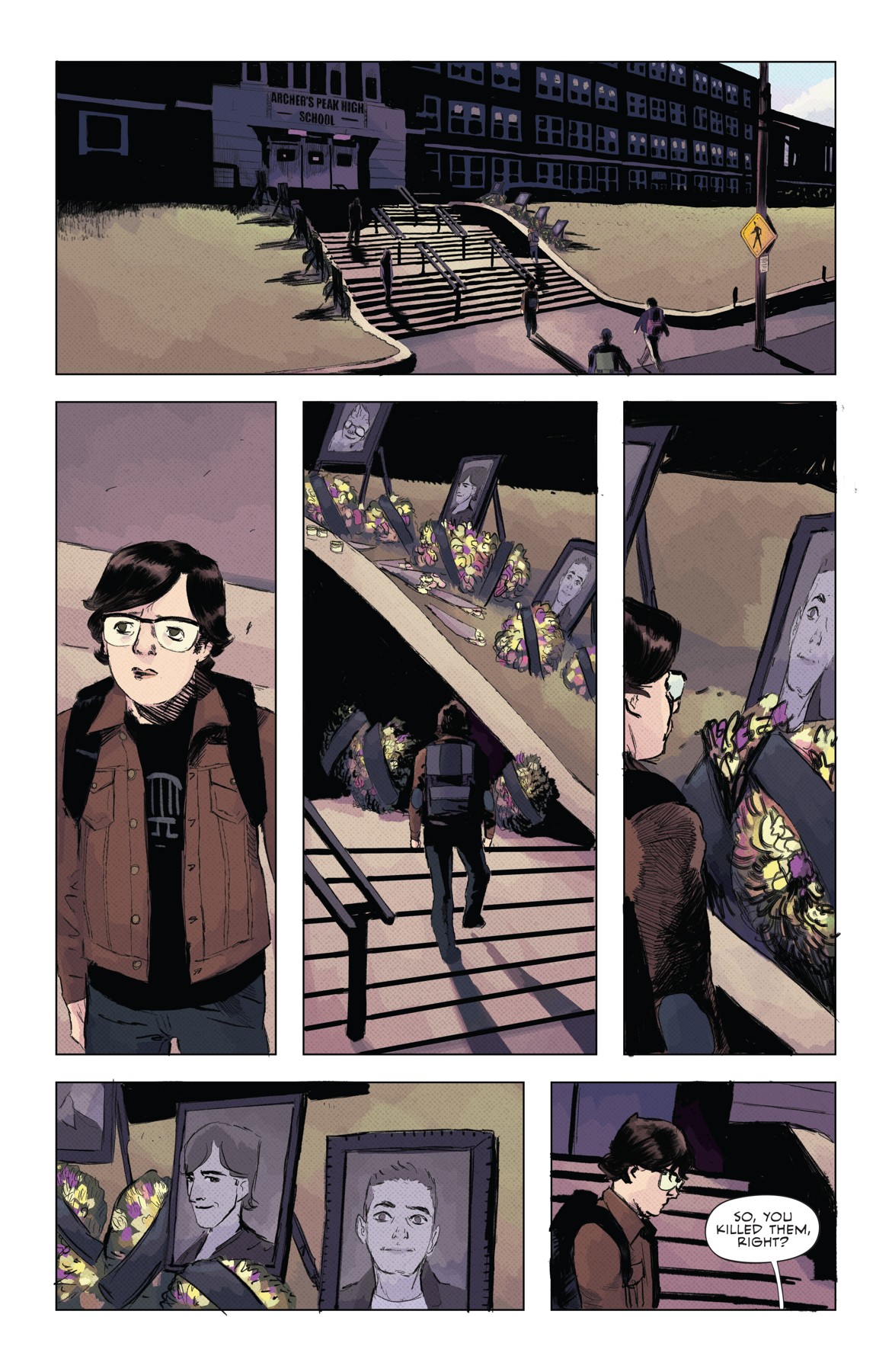 James walks past other students outside school, isolated within the page’s narrow panels.