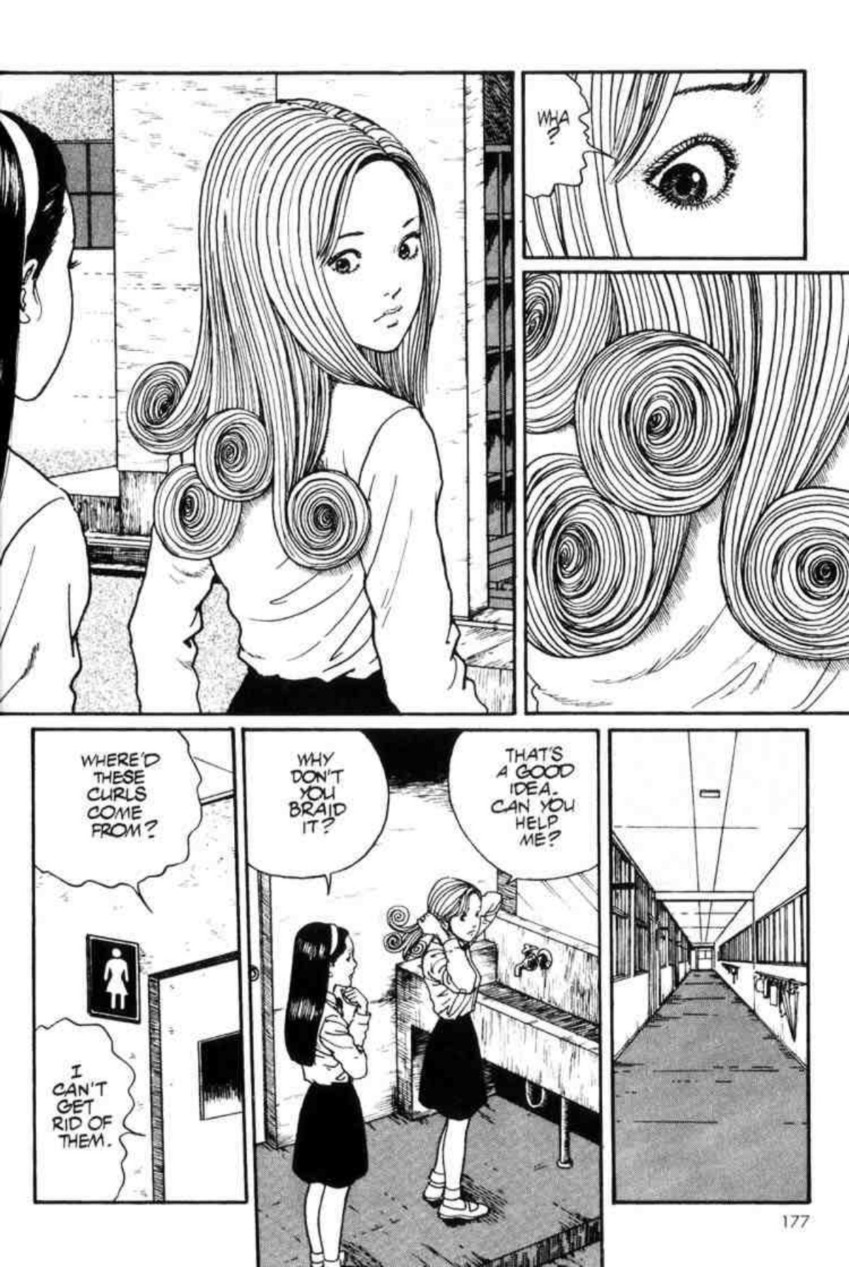 Kirie’s hair forms elaborate coils beside otherwise familiar faces and streets.