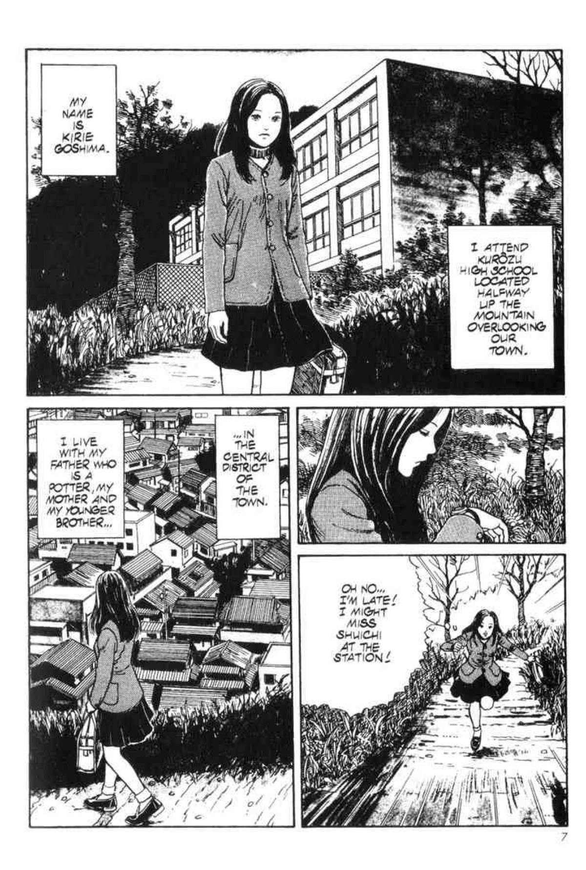 Kirie stands above the coastal town before walking past its houses and wooded paths.