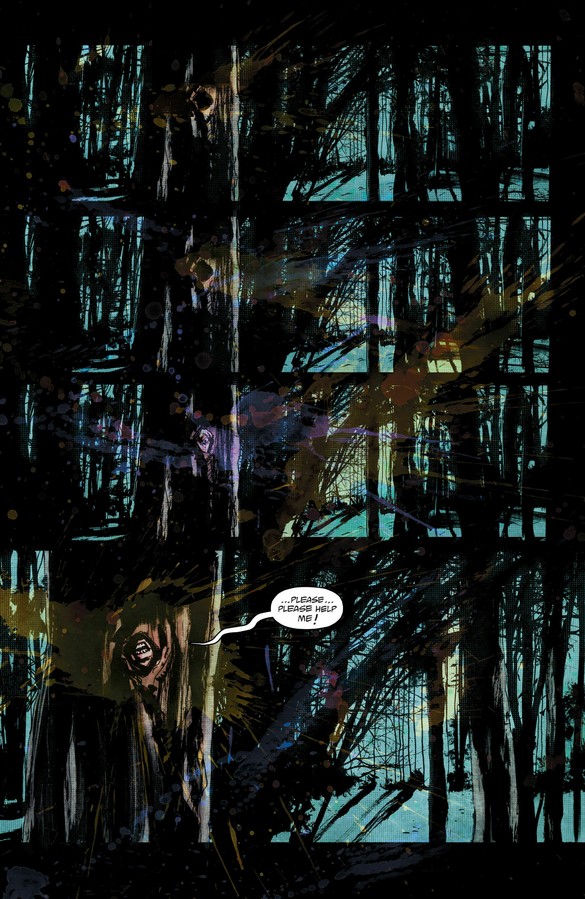 Opening forest page from Wytches #1: stacked views of dark trunks and tangled branches gradually reveal a face in a tree, beneath scattered blue and ochre paint marks.