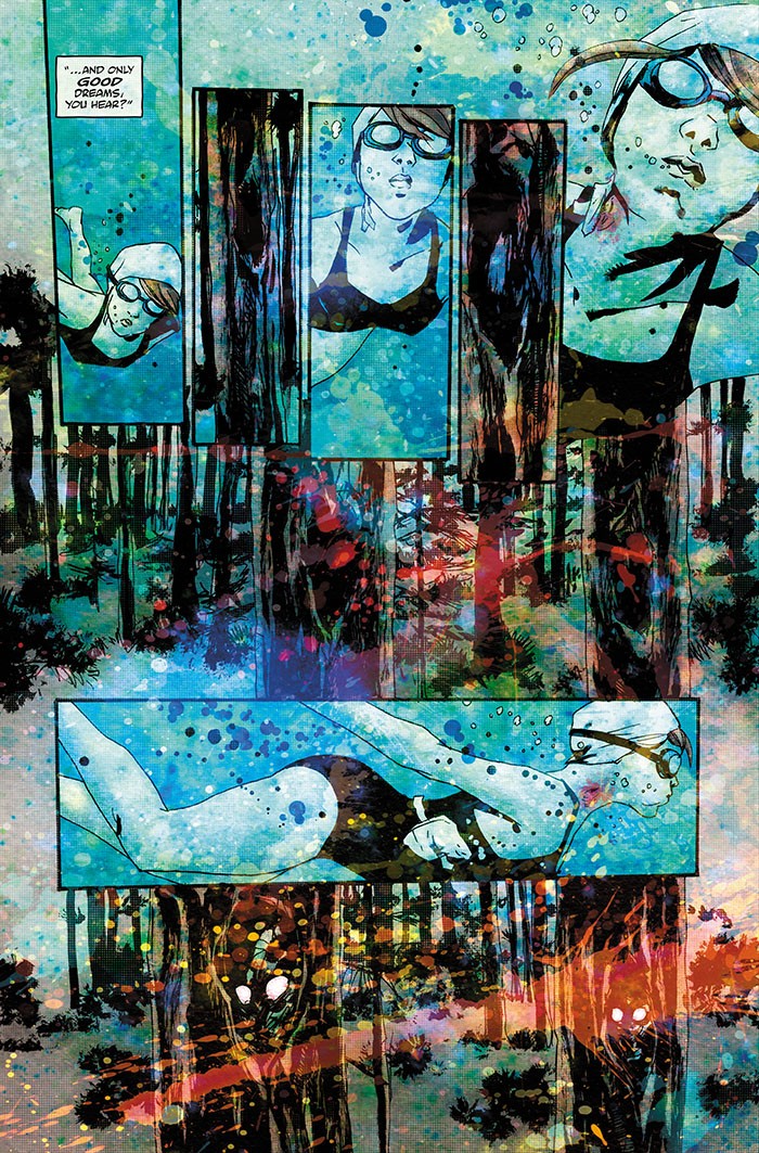 Wytches #2, page 13: a swimmer in cap and goggles moves through turquoise water while narrow forest panels and red, blue and orange spatters interrupt the sequence.