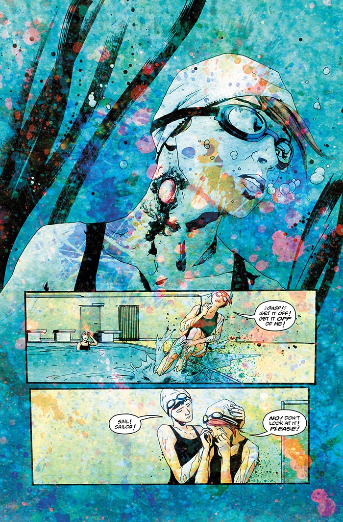 Wytches #2, page 14: a close-up of Sailor underwater with a dark mark on her neck, followed by her scrambling from the pool and being comforted; bright paint spatters cover the page.